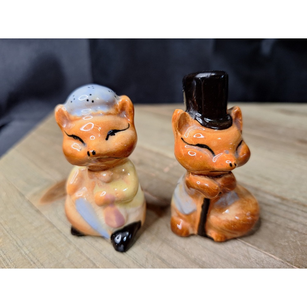 Vintage 1950s Anthropomorphic Fox Salt & Pepper Shakers Top Hat & Bonnet Set